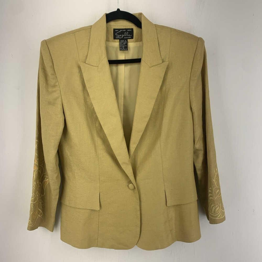 Vintage Suzelle Womens 10 Linen Blazer Jacket Embroidered Professional Money